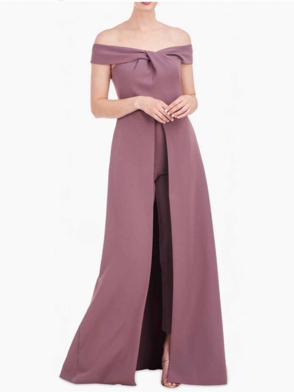 Kay Unger Kiana Walk Thru Off the Shoulder Twist Neckline Jumpsuit Maxi Dress